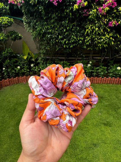 Orange Floral Linen Scrunchie