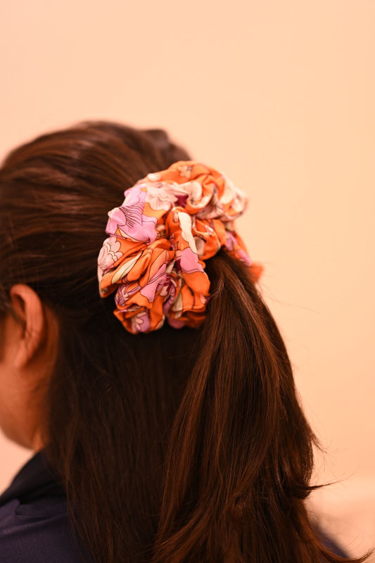 Orange Floral Linen Scrunchie