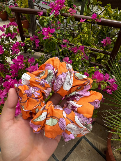 Orange Floral Linen Scrunchie