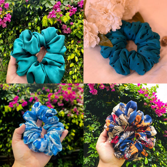 Deal of 4 Scrunchies (Zinc, Beautiful Blue, Ocean Blue, Polka Dots Dual Grace)